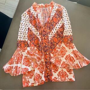 Free People Bohemian Orange Purple & White Blouse | Flare Lantern Sleeves 20 PTP